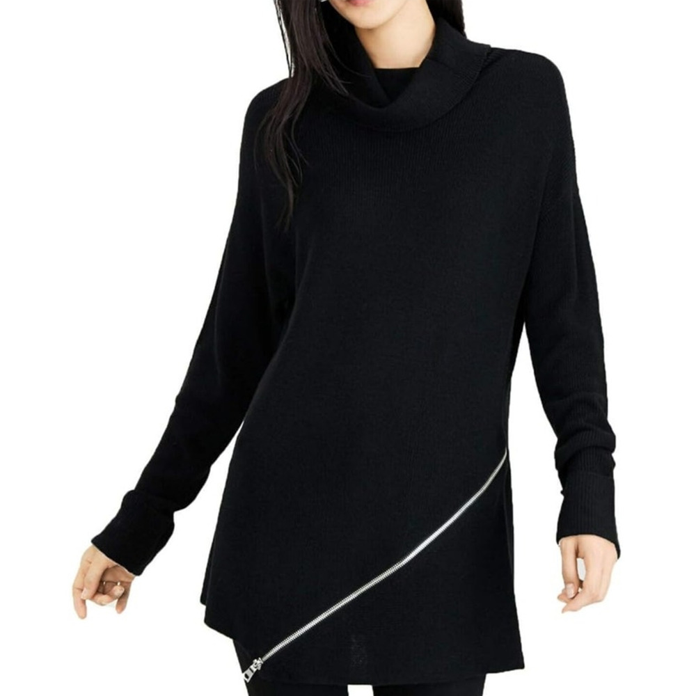 Bar III Women Medium Black Turtleneck Zipper Accent Knit Ski Winter Sweater